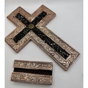Handcrafted Shungite & Embossed Copper Foil Cross 10" Tall with Base